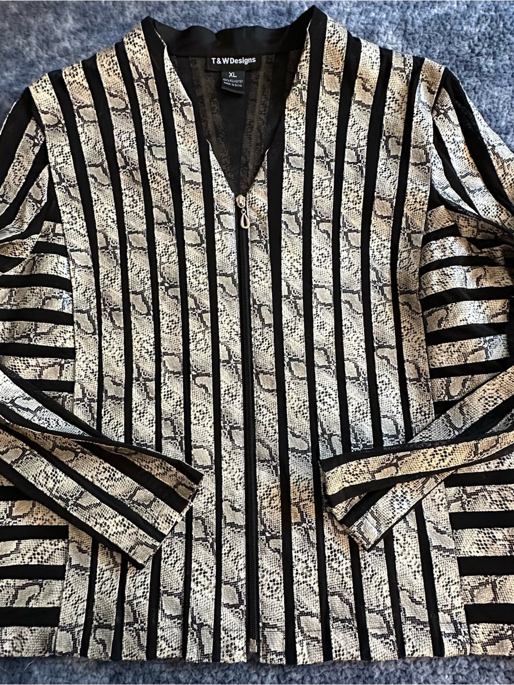T&W Designs Black and Cream Snake-Print Striped Sheer Zip Jacket